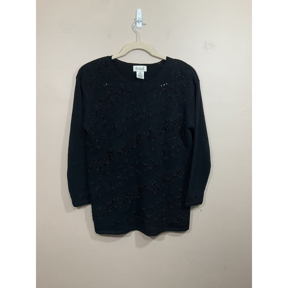 VTG Womens Beaded Tunic Sweater Large Black Granny Flower Embroidered Elegant